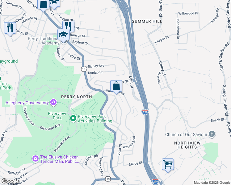 map of restaurants, bars, coffee shops, grocery stores, and more near 3452 Delaware Street in Pittsburgh