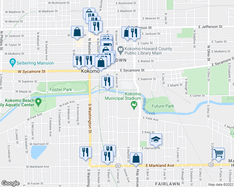 map of restaurants, bars, coffee shops, grocery stores, and more near 307 South Union Street in Kokomo