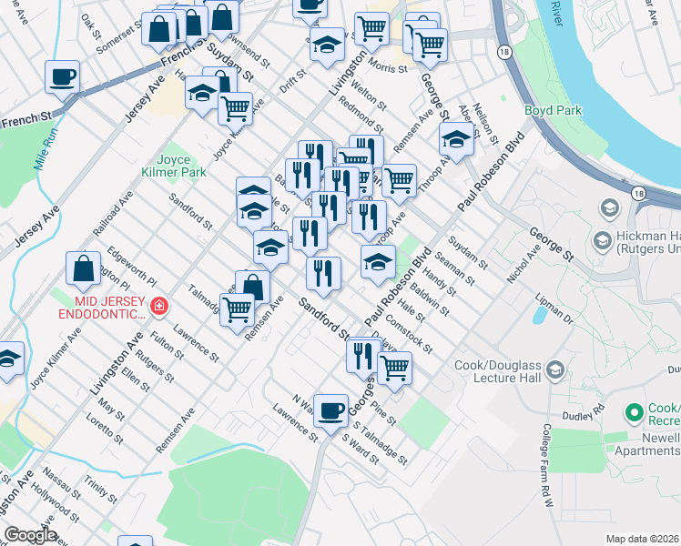 map of restaurants, bars, coffee shops, grocery stores, and more near 131 Comstock Street in New Brunswick