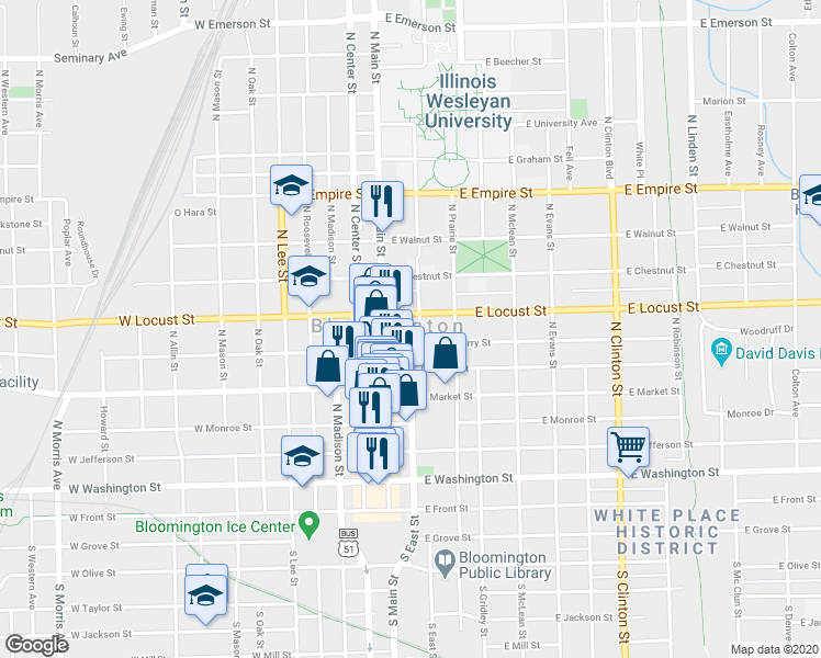 map of restaurants, bars, coffee shops, grocery stores, and more near 600 North East Street in Bloomington