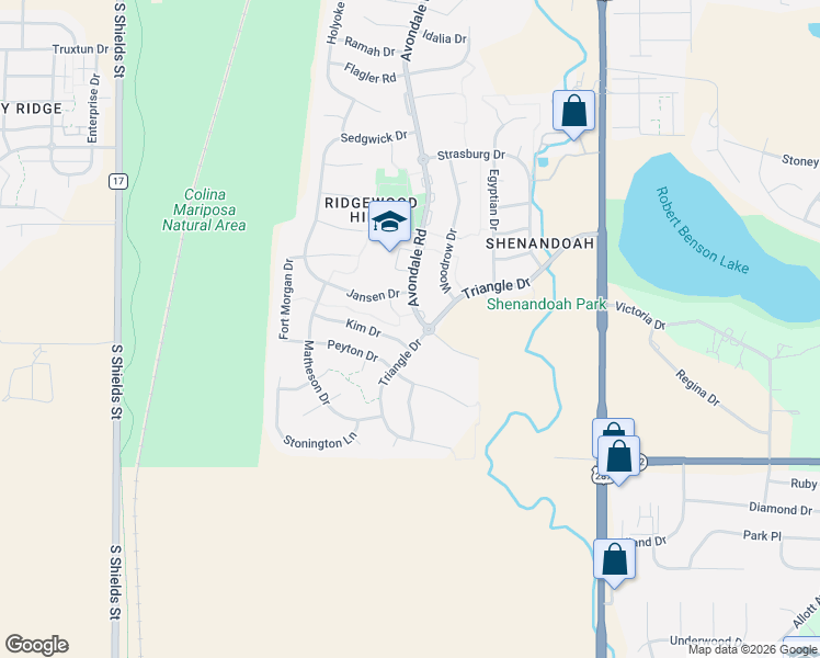 map of restaurants, bars, coffee shops, grocery stores, and more near 509 Kim Drive in Fort Collins