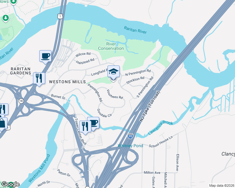 map of restaurants, bars, coffee shops, grocery stores, and more near 13 Voorhees Road in New Brunswick