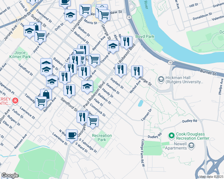 map of restaurants, bars, coffee shops, grocery stores, and more near 22 Seaman Street in New Brunswick