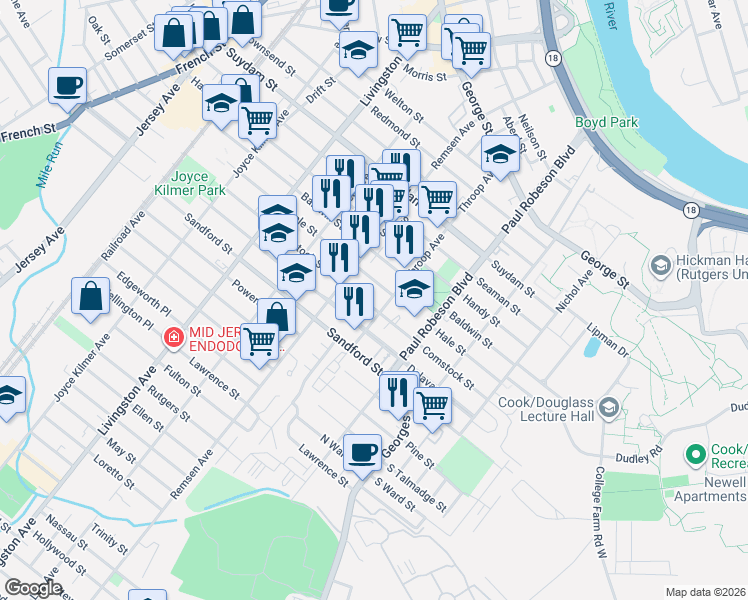 map of restaurants, bars, coffee shops, grocery stores, and more near 163 Throop Avenue in New Brunswick