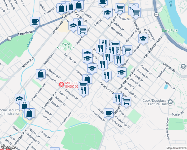 map of restaurants, bars, coffee shops, grocery stores, and more near 190 Sandford Street in New Brunswick