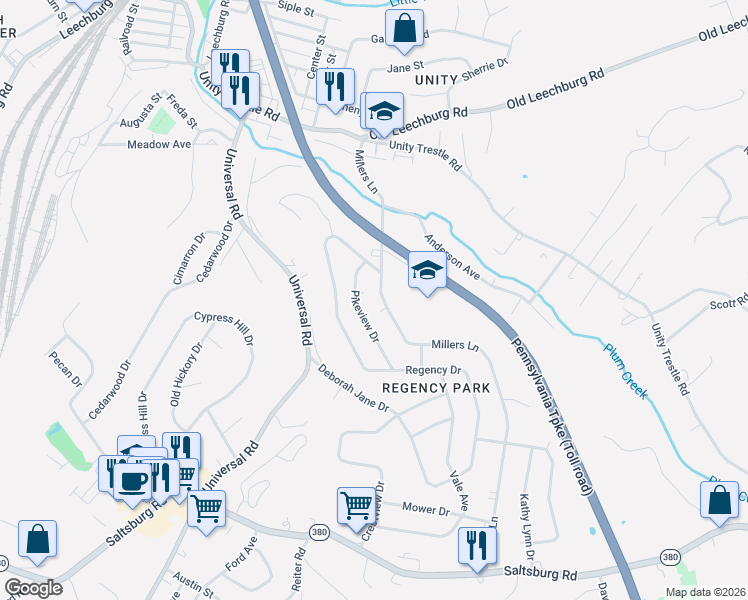 map of restaurants, bars, coffee shops, grocery stores, and more near 619 Millers Lane in Pittsburgh
