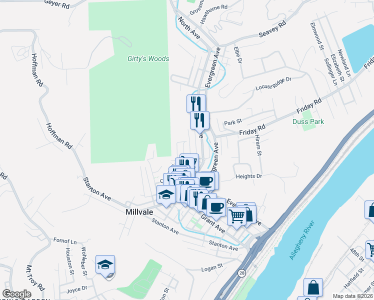 map of restaurants, bars, coffee shops, grocery stores, and more near 118 Elizabeth Street in Millvale