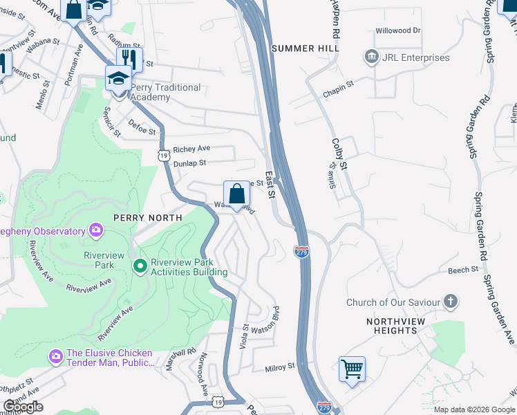 map of restaurants, bars, coffee shops, grocery stores, and more near 203 Watson Boulevard in Pittsburgh