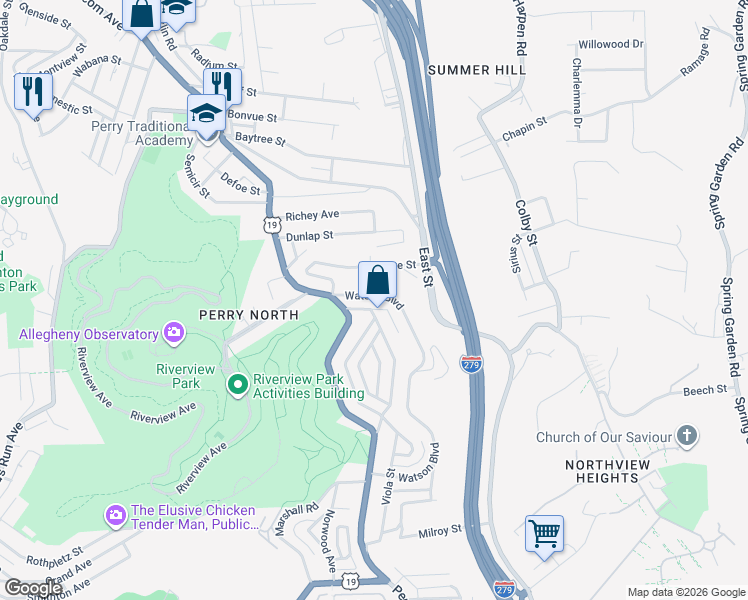 map of restaurants, bars, coffee shops, grocery stores, and more near 3452 Delaware Street in Pittsburgh