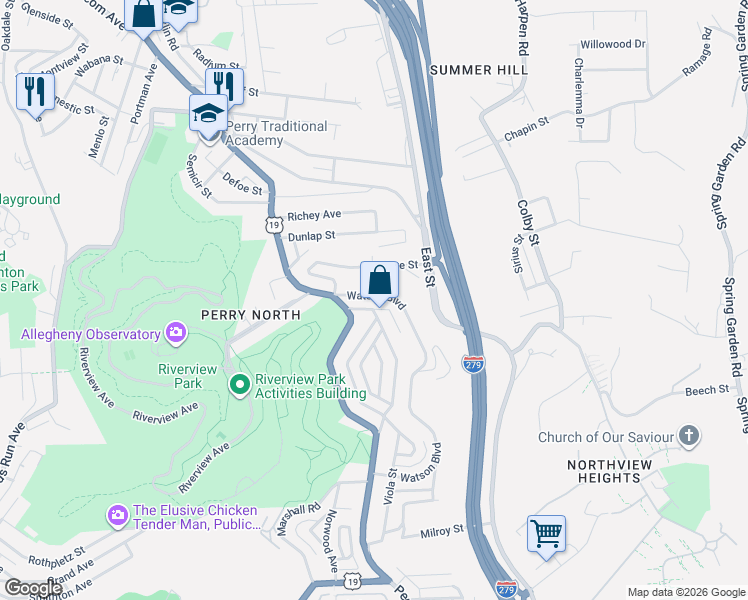 map of restaurants, bars, coffee shops, grocery stores, and more near 3452 Delaware Street in Pittsburgh