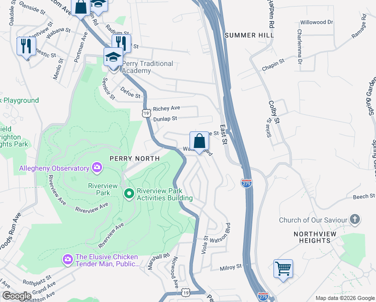 map of restaurants, bars, coffee shops, grocery stores, and more near 3440 U.S. 19 in Pittsburgh