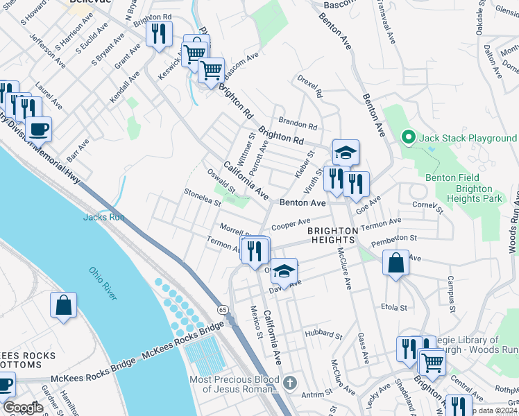 map of restaurants, bars, coffee shops, grocery stores, and more near 1706 Marmaduke Street in Pittsburgh