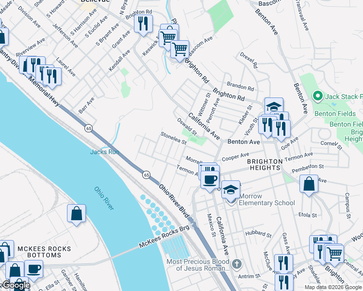 map of restaurants, bars, coffee shops, grocery stores, and more near 3831 Hiawatha Street in Pittsburgh