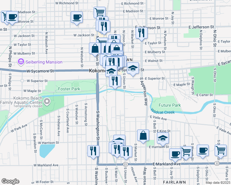 map of restaurants, bars, coffee shops, grocery stores, and more near 319 South Main Street in Kokomo