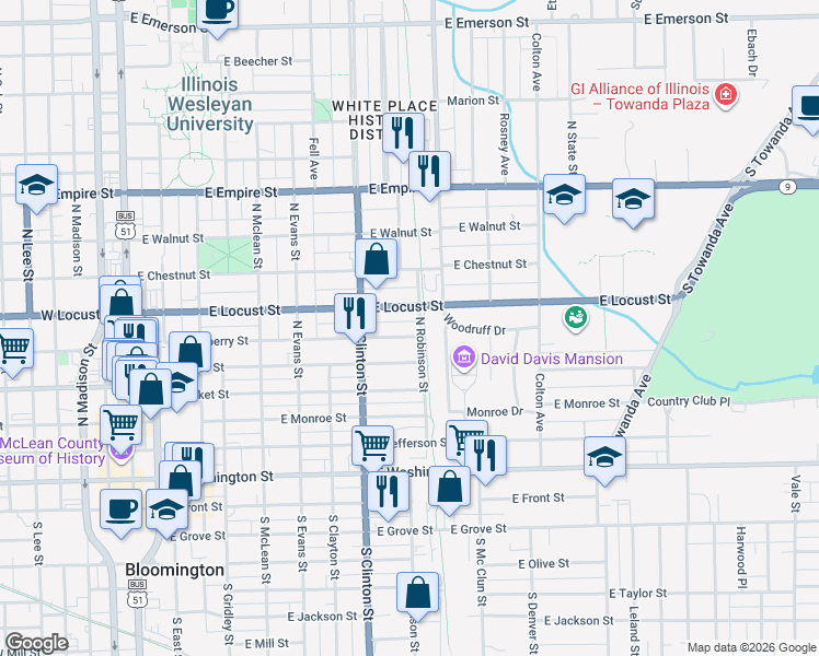 map of restaurants, bars, coffee shops, grocery stores, and more near 617 East Mulberry Street in Bloomington