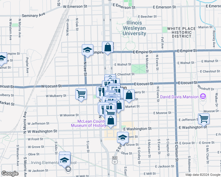 map of restaurants, bars, coffee shops, grocery stores, and more near in Bloomington