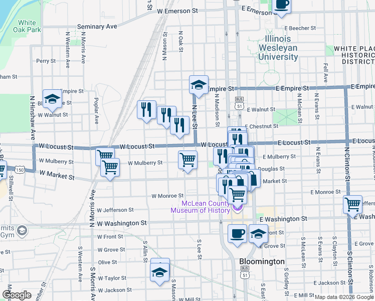 map of restaurants, bars, coffee shops, grocery stores, and more near 602 North Lee Street in Bloomington