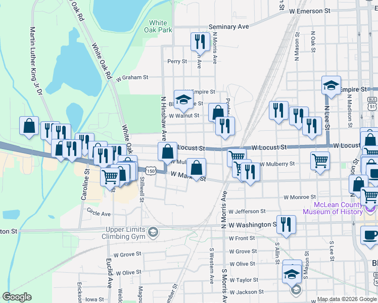 map of restaurants, bars, coffee shops, grocery stores, and more near 1317 West Mulberry Street in Bloomington