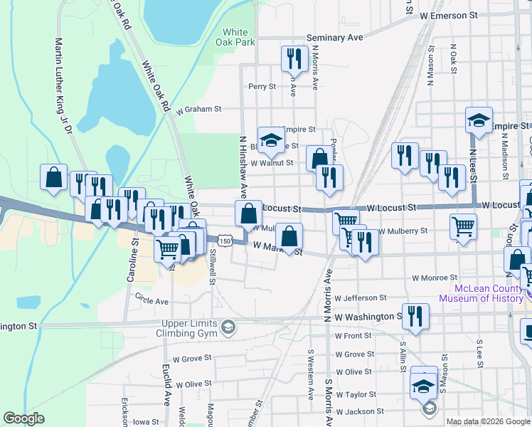 map of restaurants, bars, coffee shops, grocery stores, and more near 1317 West Mulberry Street in Bloomington