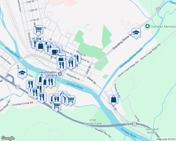 map of restaurants, bars, coffee shops, grocery stores, and more near Locust Avenue in Huntingdon