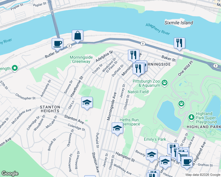 map of restaurants, bars, coffee shops, grocery stores, and more near 1644 Duffield Street in Pittsburgh