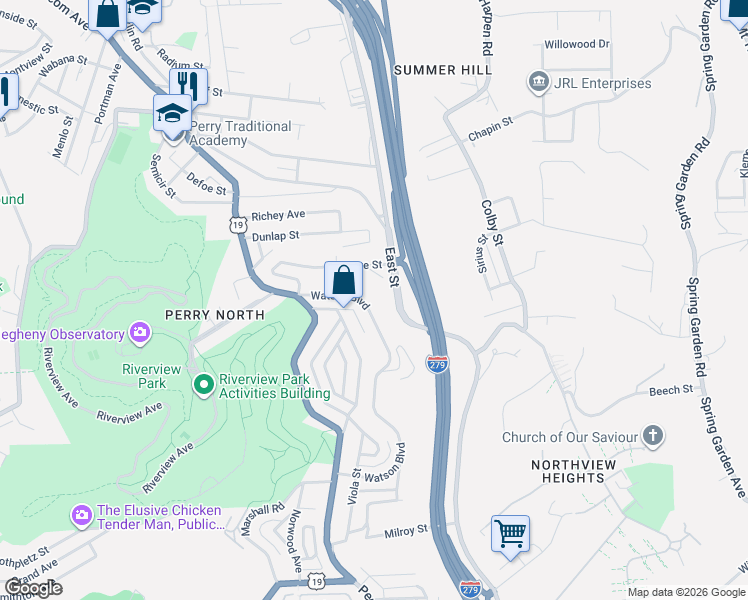 map of restaurants, bars, coffee shops, grocery stores, and more near 203 Watson Boulevard in Pittsburgh