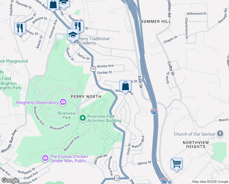 map of restaurants, bars, coffee shops, grocery stores, and more near 3440 U.S. 19 in Pittsburgh