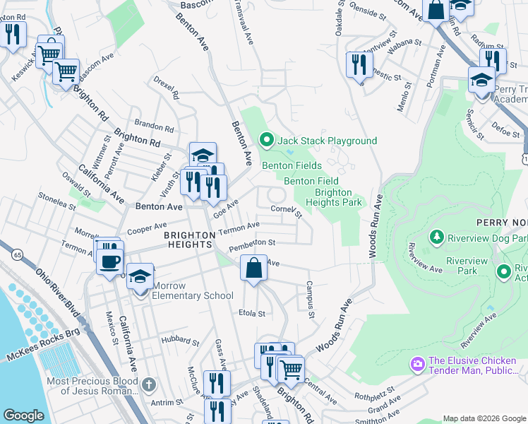 map of restaurants, bars, coffee shops, grocery stores, and more near 1161 Termon Avenue in Pittsburgh