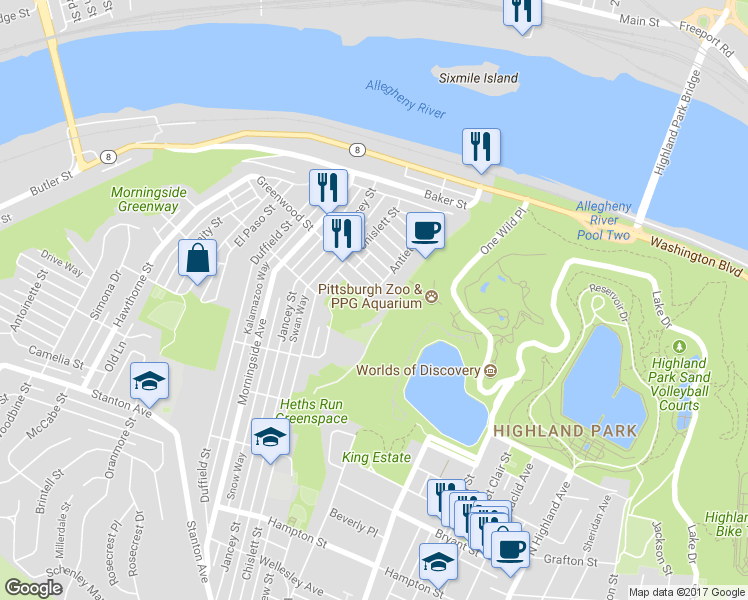 map of restaurants, bars, coffee shops, grocery stores, and more near 1730 Antietam Street in Pittsburgh