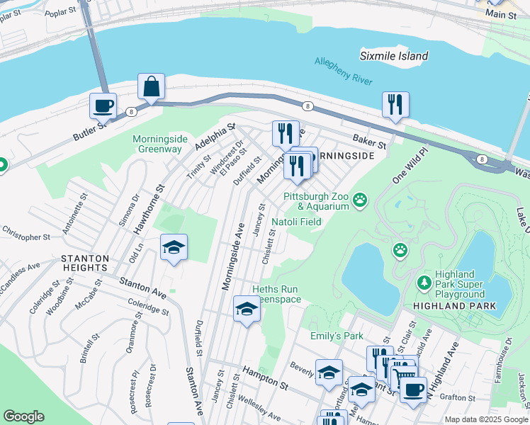 map of restaurants, bars, coffee shops, grocery stores, and more near 1641 Chislett Street in Pittsburgh