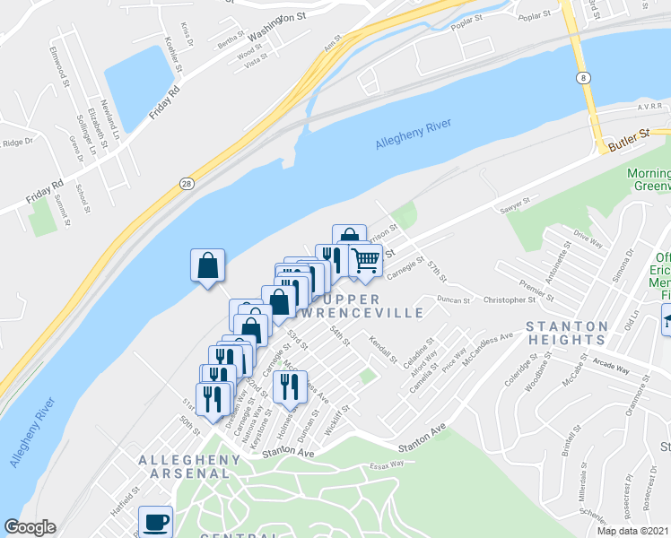 map of restaurants, bars, coffee shops, grocery stores, and more near 5501 55th Street in Pittsburgh