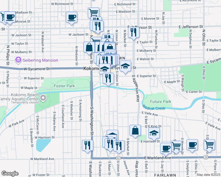map of restaurants, bars, coffee shops, grocery stores, and more near 306 South Main Street in Kokomo