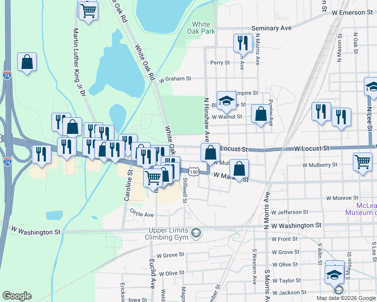 map of restaurants, bars, coffee shops, grocery stores, and more near 1414 1/2 West Mulberry Street in Bloomington