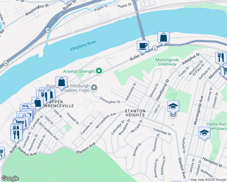 map of restaurants, bars, coffee shops, grocery stores, and more near 1002 Premier Street in Pittsburgh