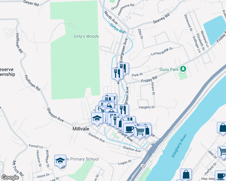 map of restaurants, bars, coffee shops, grocery stores, and more near 118 Elizabeth Street in Millvale
