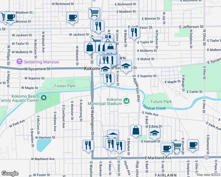 map of restaurants, bars, coffee shops, grocery stores, and more near 319 South Main Street in Kokomo