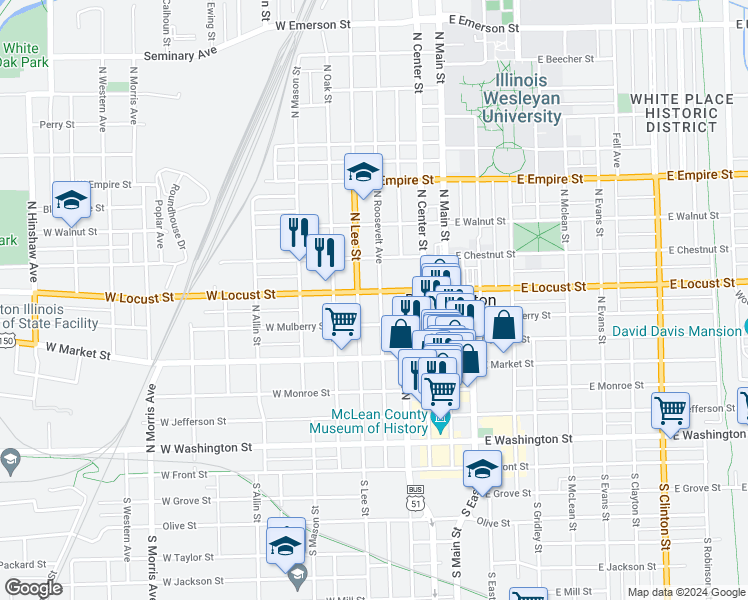 map of restaurants, bars, coffee shops, grocery stores, and more near 307 West Mulberry Street in Bloomington