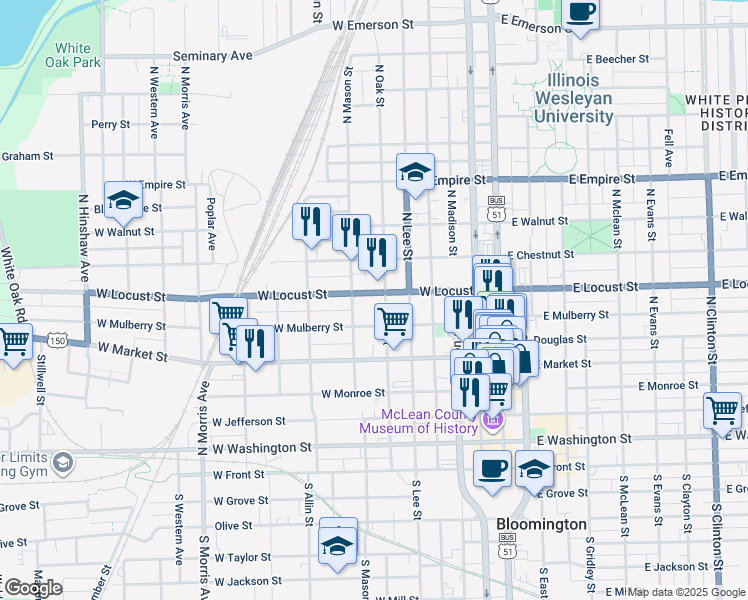 map of restaurants, bars, coffee shops, grocery stores, and more near 609 West Mulberry Street in Bloomington