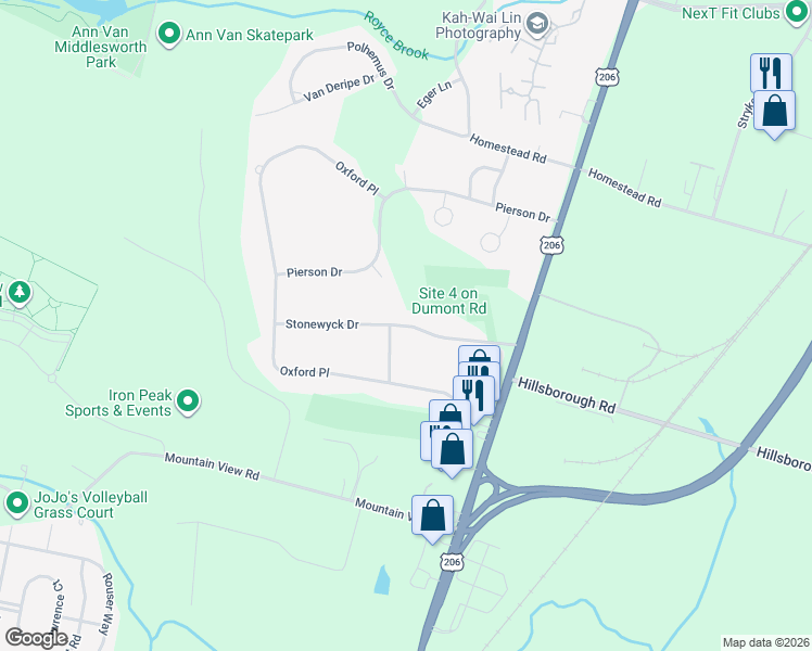 map of restaurants, bars, coffee shops, grocery stores, and more near 5 Ashwood Terrace in Hillsborough Township