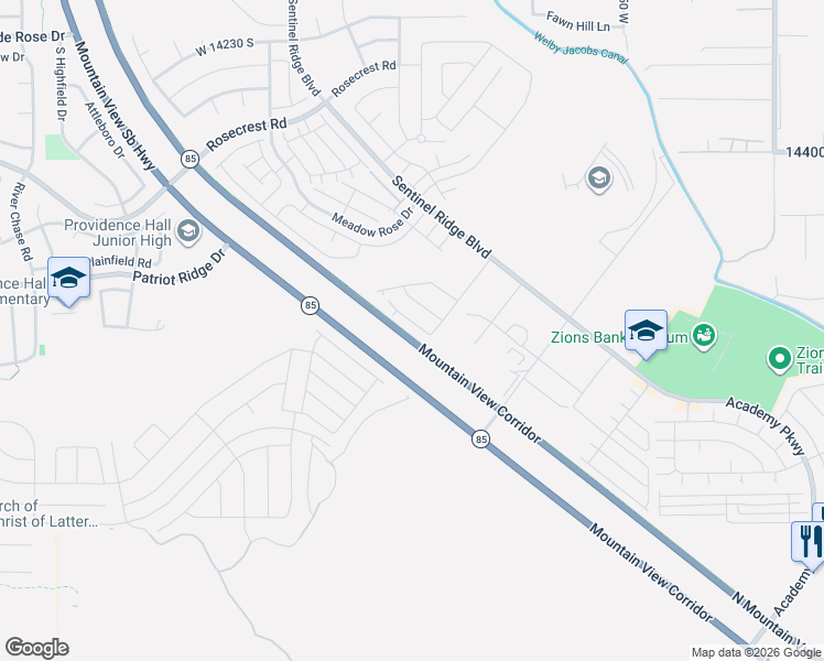 map of restaurants, bars, coffee shops, grocery stores, and more near 14653 Astin Lane in Herriman