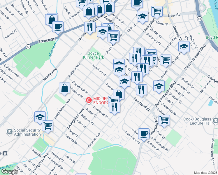 map of restaurants, bars, coffee shops, grocery stores, and more near 242 Livingston Avenue in New Brunswick