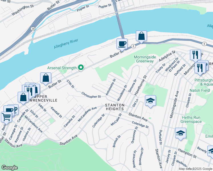 map of restaurants, bars, coffee shops, grocery stores, and more near 1011 Fairfield Street in Pittsburgh