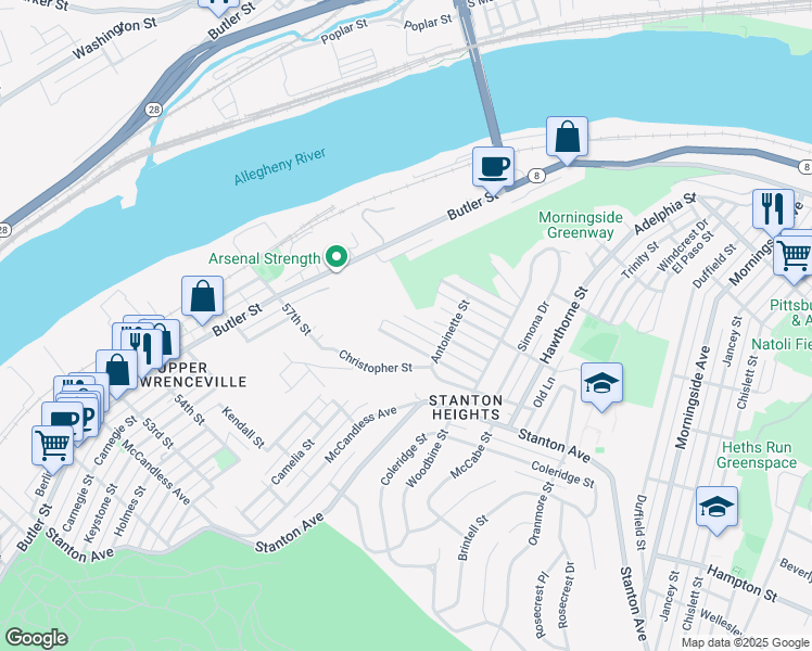 map of restaurants, bars, coffee shops, grocery stores, and more near 1015 Downlook Street in Pittsburgh