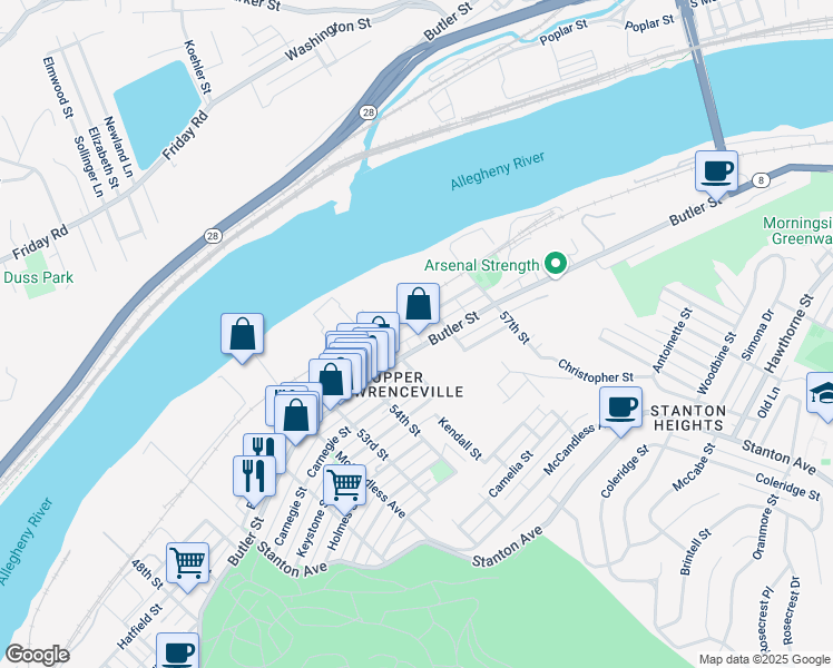 map of restaurants, bars, coffee shops, grocery stores, and more near 5501 55th Street in Pittsburgh
