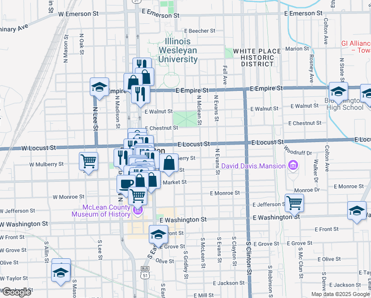 map of restaurants, bars, coffee shops, grocery stores, and more near 302 East Locust Street in Bloomington