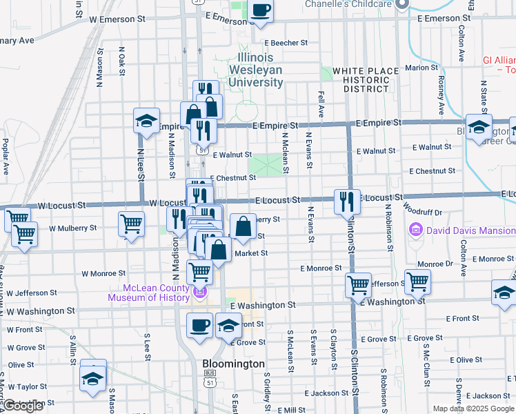 map of restaurants, bars, coffee shops, grocery stores, and more near 302 East Locust Street in Bloomington