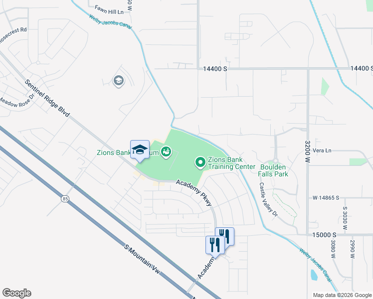 map of restaurants, bars, coffee shops, grocery stores, and more near 14789 Academy Parkway in Herriman