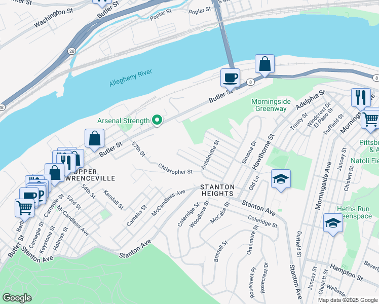 map of restaurants, bars, coffee shops, grocery stores, and more near 1015 Downlook Street in Pittsburgh