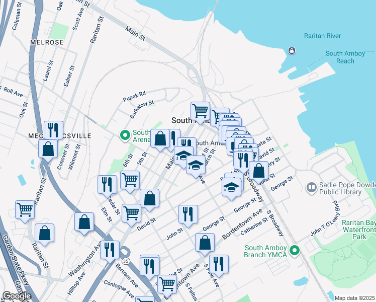 map of restaurants, bars, coffee shops, grocery stores, and more near 252 2nd Street in South Amboy