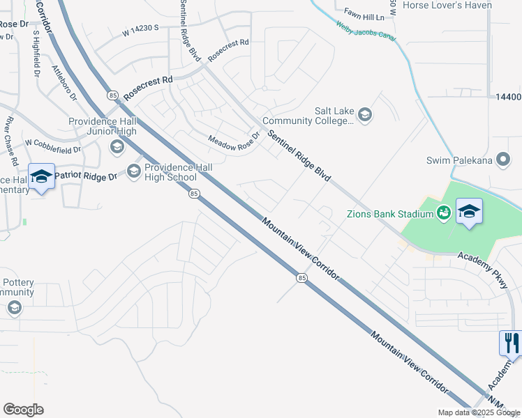 map of restaurants, bars, coffee shops, grocery stores, and more near 14708 Astin Lane in Herriman